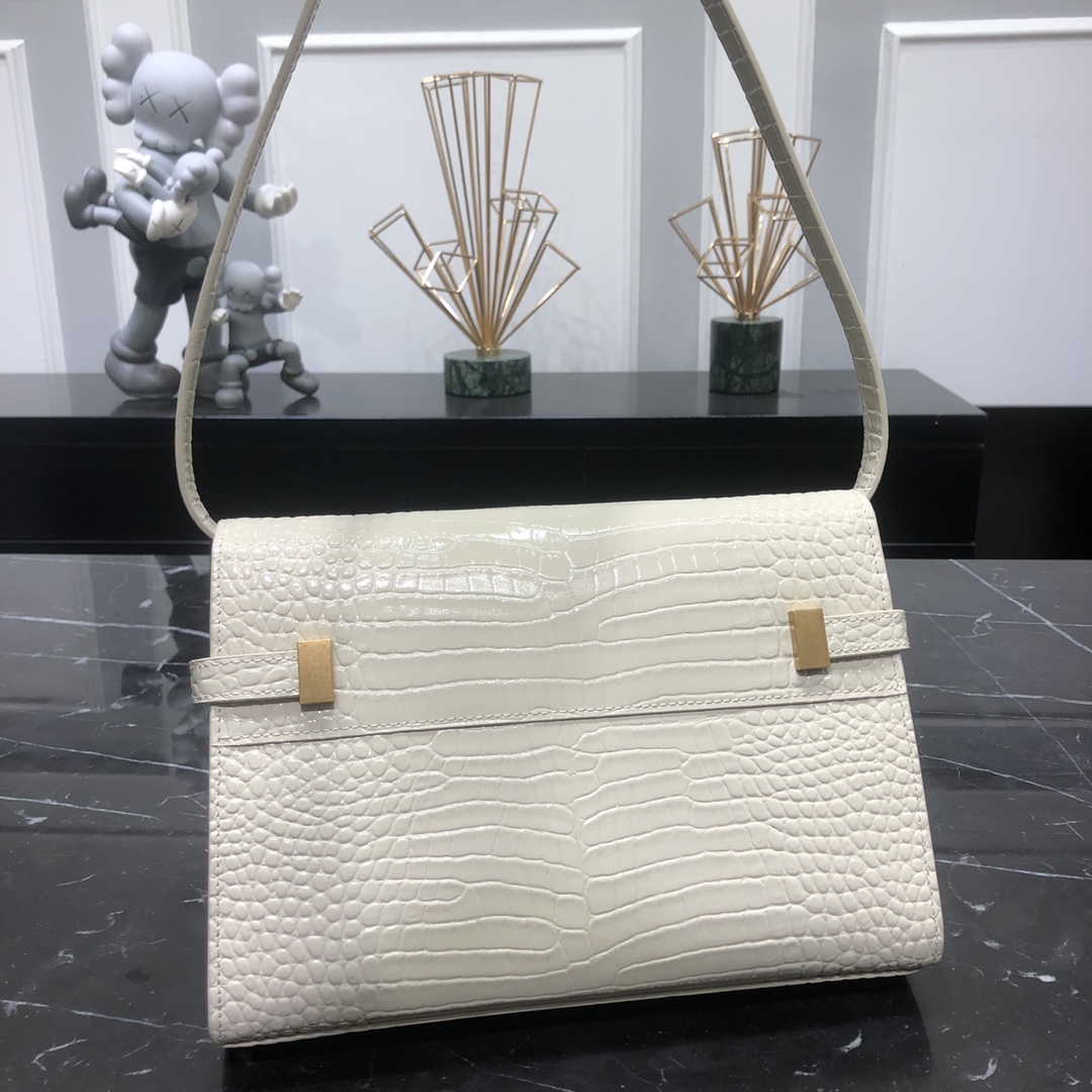 Saint Laurent Small Manhattan Box Crocodile Embossed Calfskin Shoulder Bag White 675626  